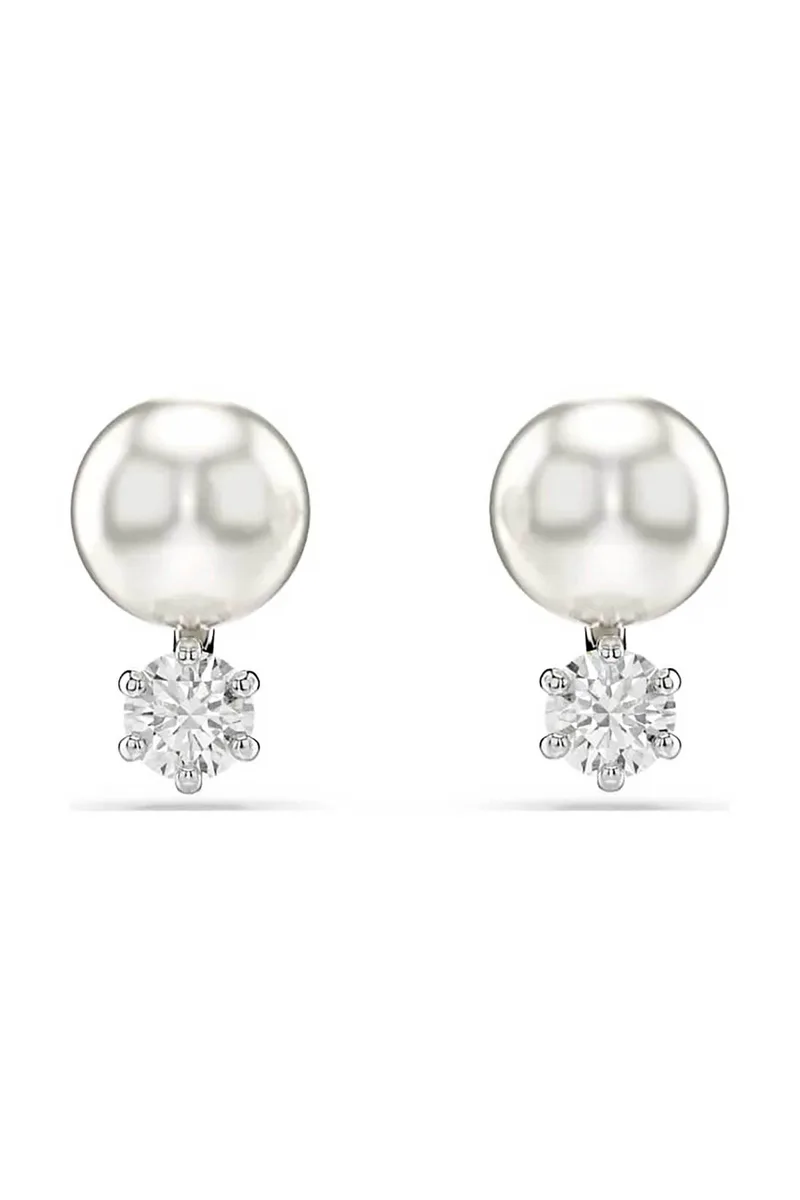 Swarovski γυναικεία σκουλαρίκια με καραφάκι crystal pearl, στρογγυλή κοπή, λευκά, επιμετάλλωση ροδίου "Matrix" - 5694225
