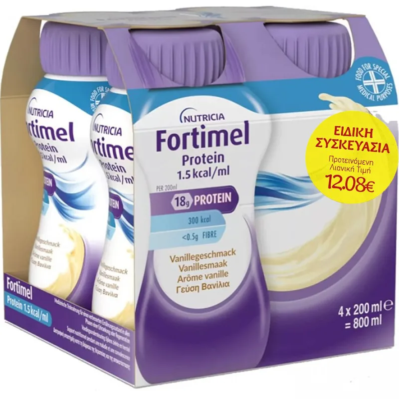 Nutricia Promo Fortimel Protein 1,5 kcal/ml Vanilla Πόσιμο Θρεπτικό Σκεύασμα Πλούσιο σε Πρωτεΐνες, Μέταλλα & Ιχνοστοιχεία για την Αντιμετώπιση Προβλημάτων Υποσιτισμού & Δυσθρεψίας που Σχετίζονται με Ασθένεια με Γεύση Βανίλια 4x200ml