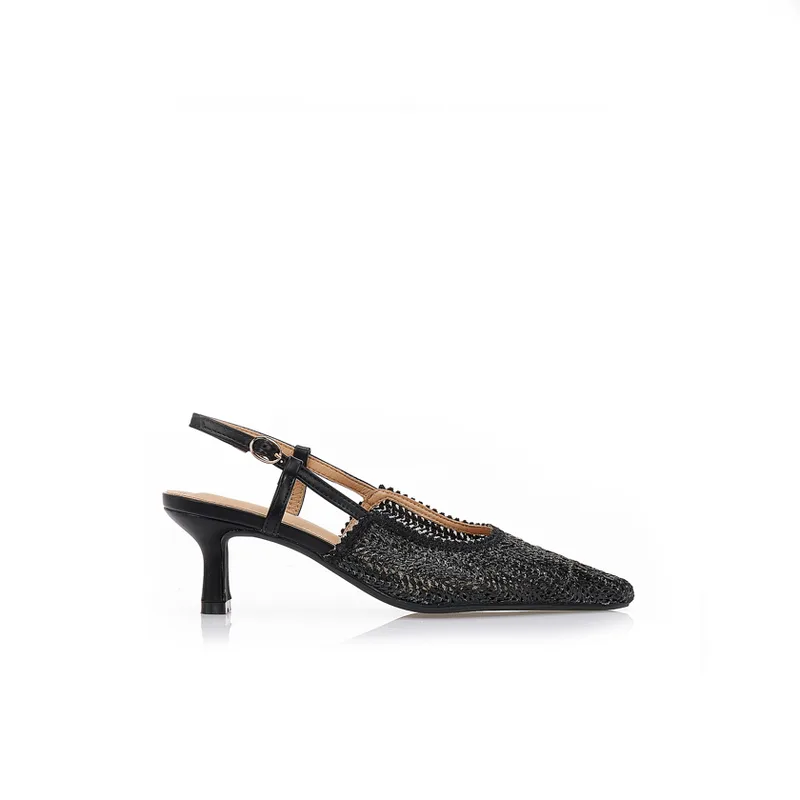 Γόβες slingback ψάθινες μυτερές ΜΑΥΡΟ