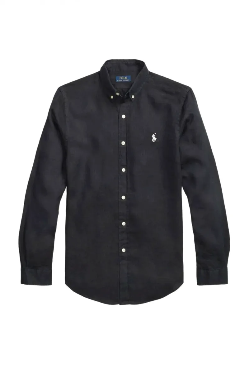 RALPH LAUREN ΠΟΥΚΑΜΙΣΟ ΛΙΝΟ BUTTON DOWN CUSTOM FIT LOGO ΜΑΥΡΟ