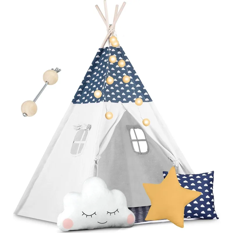 Παιδική Σκηνή Teepee Nukido Kids Tipi Tent NK-404 Ινδιάνικη με 3 x Μαξιλάρια & Φωτάκια - Dark Blue / Clouds (5903890609771)
