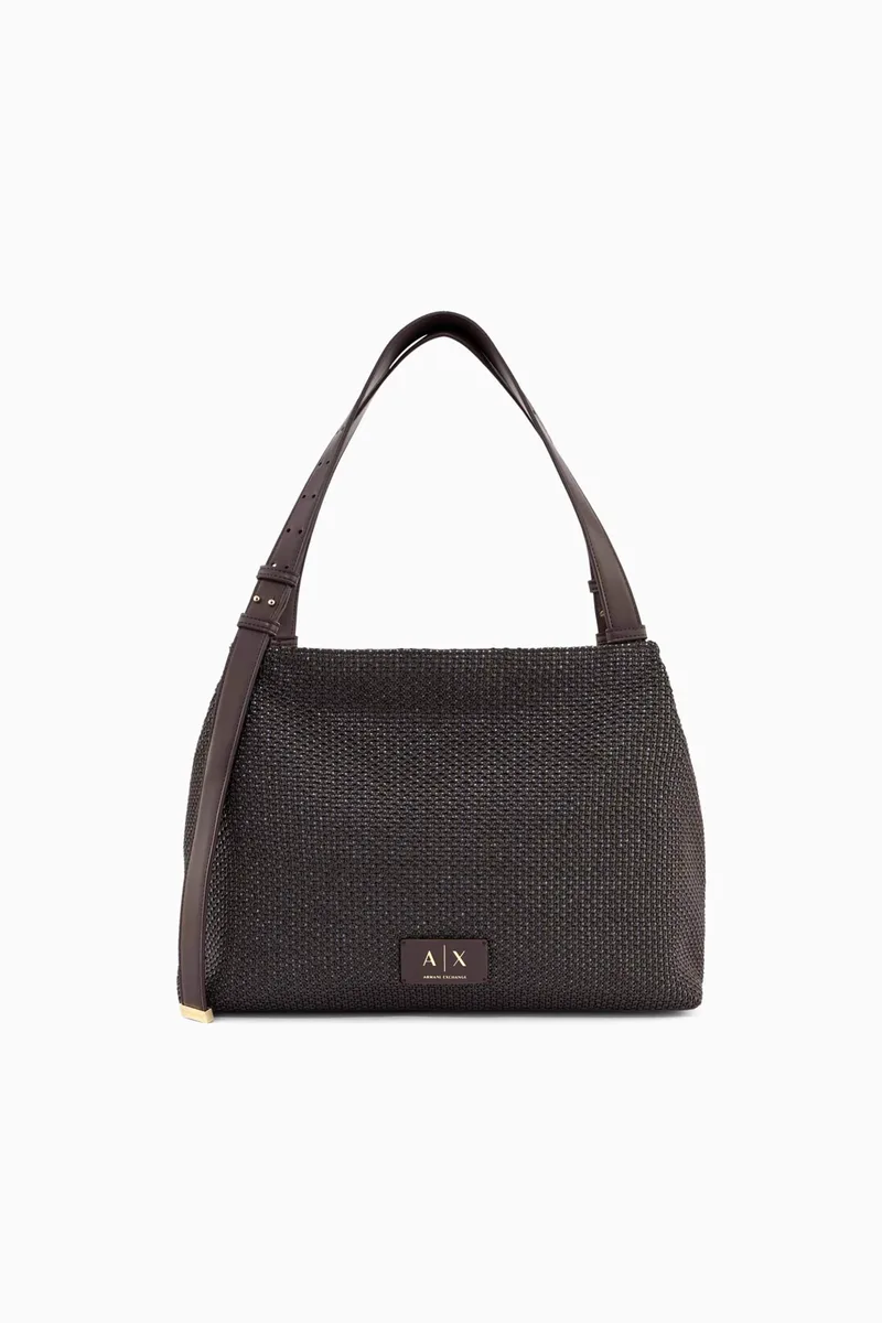 Armani Exchange γυναικεία τσάντα shopper με μεταλλικό monogram και πλεκτό σχέδιο - XW002603AF22683 Καφέ
