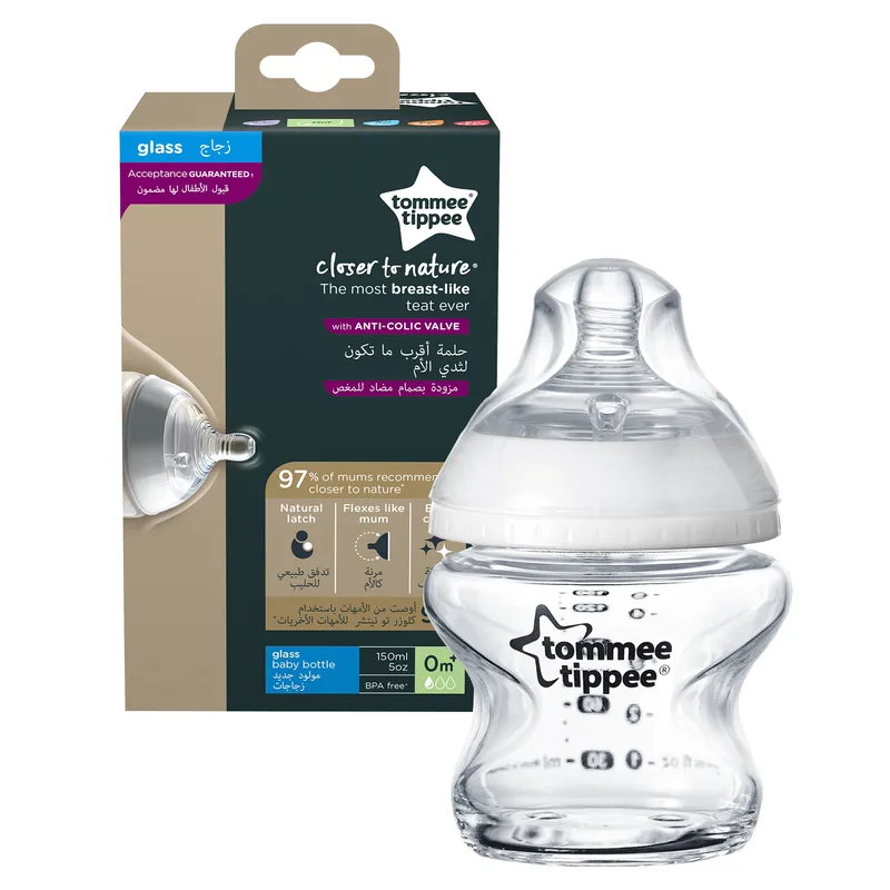 Tommee Tippee Closer to Nature Glass Baby Bottle 0m+ Κωδ 42243785 Γυάλινο Μπιμπερό Μικρής Ροής με Θηλή Σιλικόνης Κατά των Κολικών 150ml