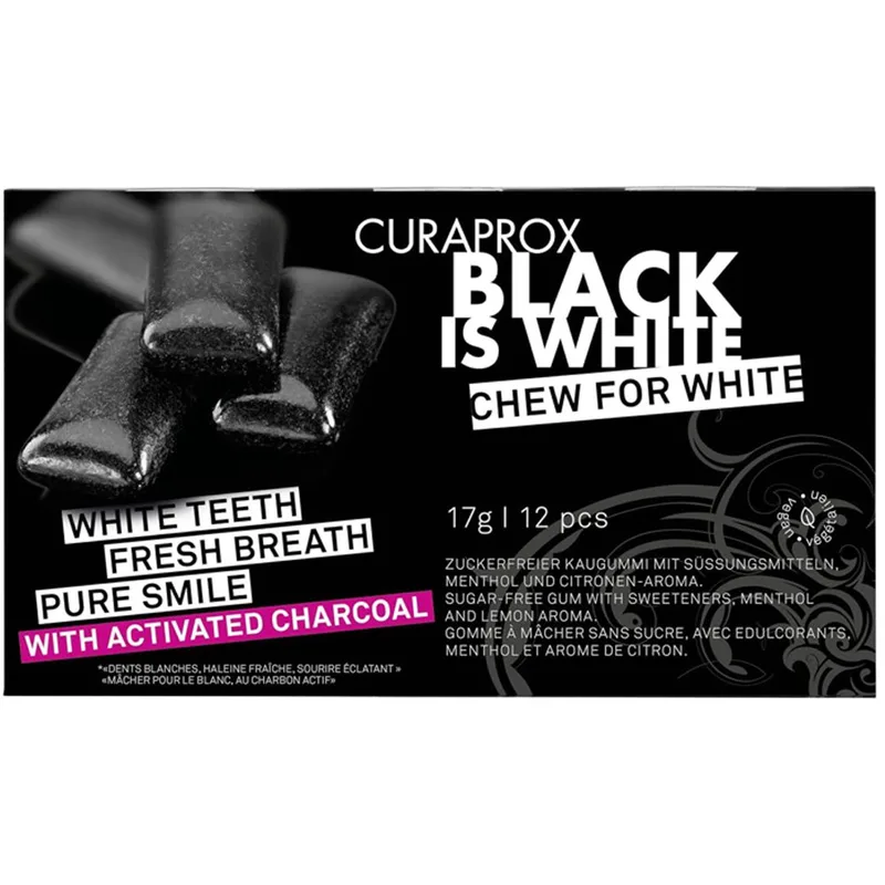 Curaprox Black is White Chew for White Gum Τσίχλα για Λεύκανση των Δοντιών με Ενεργό Άνθρακα & Γεύση Λεμόνι - Μέντα 12 Τεμάχια