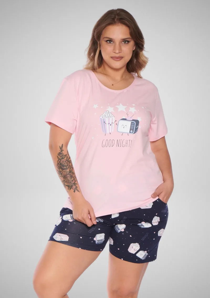 Plus Size Βαμβακερή Πιτζάμα Ροζ - Ροζ