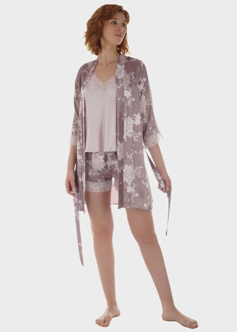 Γυναικείο σετ σατέν baby doll & ρόμπα all print flowers.Συσκευασία 3pack ΓΚΡΙ
