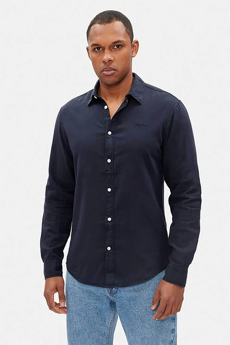 Pepe Jeans ανδρικό λινό πουκάμισο μονόχρωμο Regular Fit - PM308844 Μπλε Σκούρο