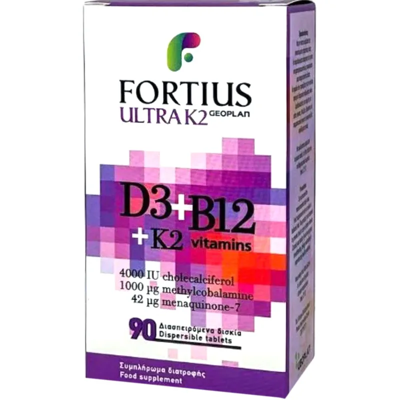 Geoplan Fortius Ultrta Vitamins D3 4000IU, B12 1000μg & K2 42μg Συμπλήρωμα Διατροφής Βιταμίνης D3, B12 & K2 για Ενίσχυση του Ανοσοποιητικού, Καλή Λειτουργία του Νευρικού Συστήματος, Ενέργεια & Τόνωση 90Disp.tabs