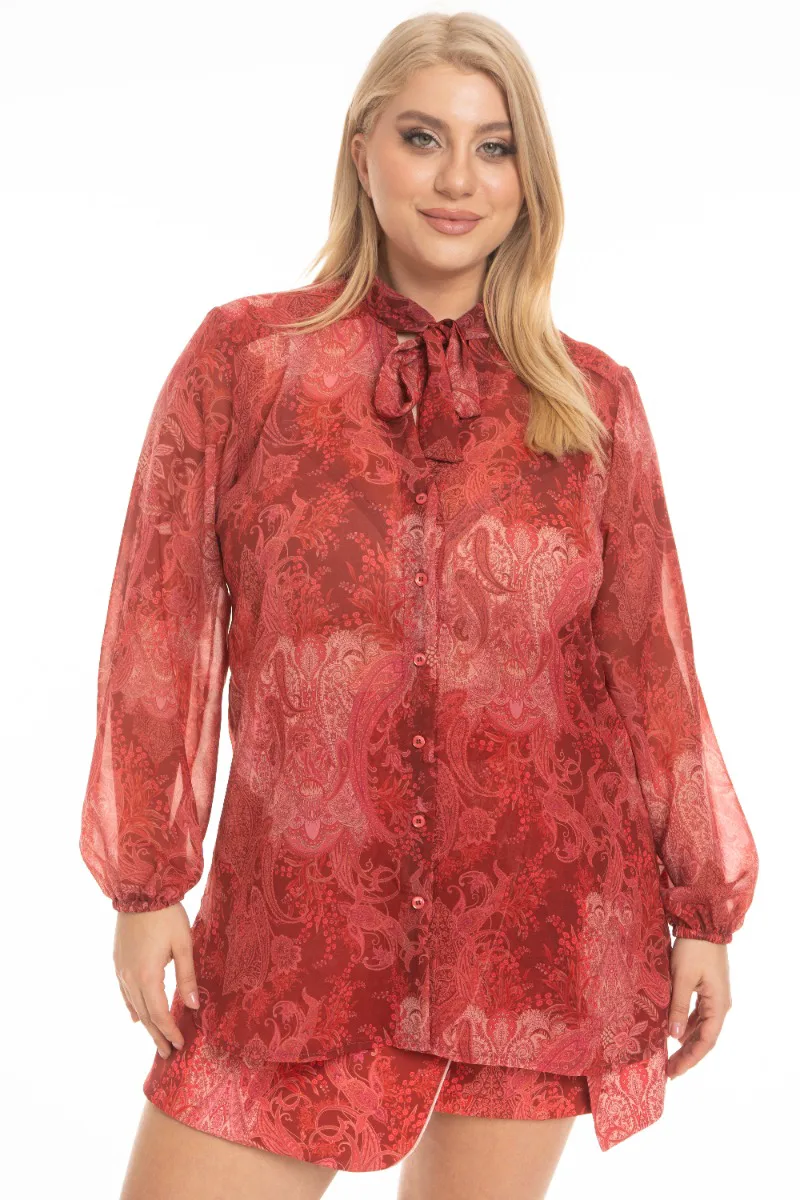 Πουκάμισο plus size με γραβάτα σε εμπριμέ κόκκινο χρώμα