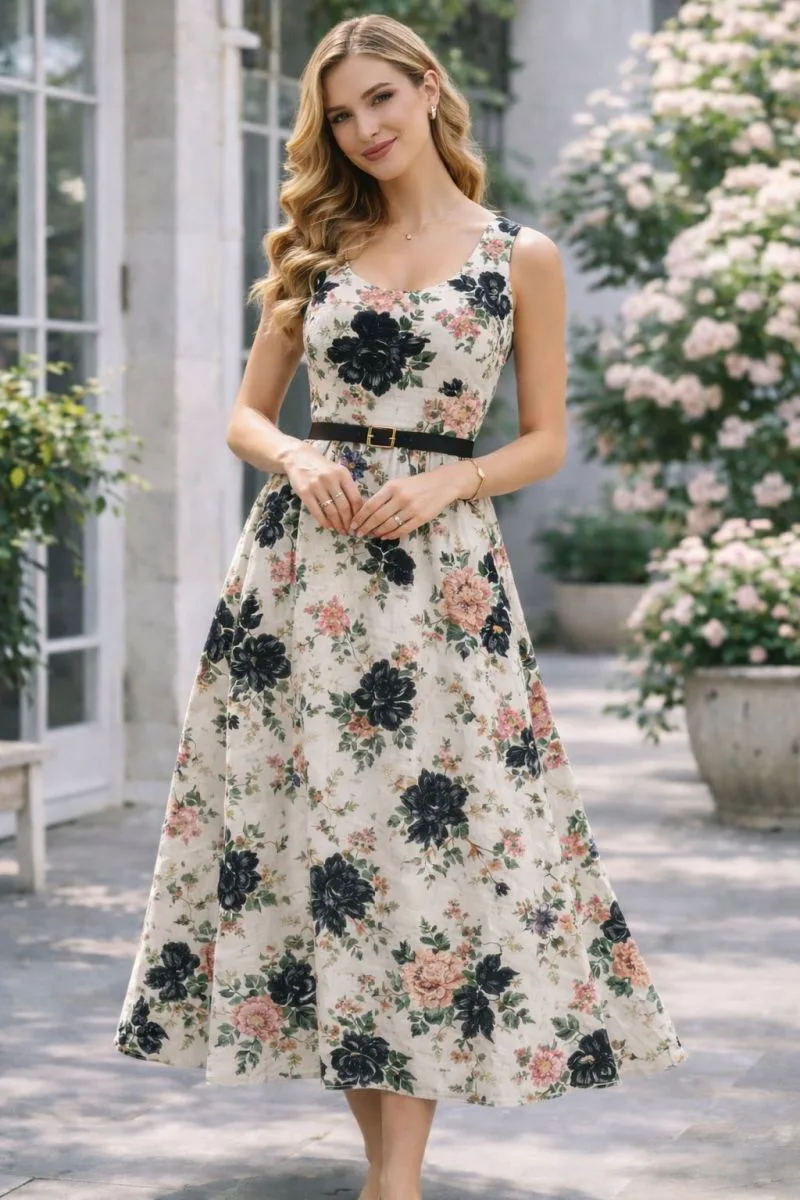 Γυναικείο Midi Floral Φόρεμα Με Τιράντες & Ζώνη – Ρομαντικό Αέρινο Φόρεμα Σε Μαύρο | Dress Up Μαύρο