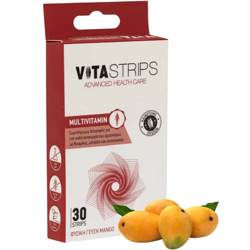 Vitastrips Multivitamin Συμπλήρωμα Διατροφής Βιταμινών, Μετάλλων & Ιχνοστοιχείων για Ενέργεια, Τόνωση Κατά της Κούρασης & Κόπωσης με Γεύση Μάνγκο 30 Διασπειρόμενες στο Στόμα Ταινίες