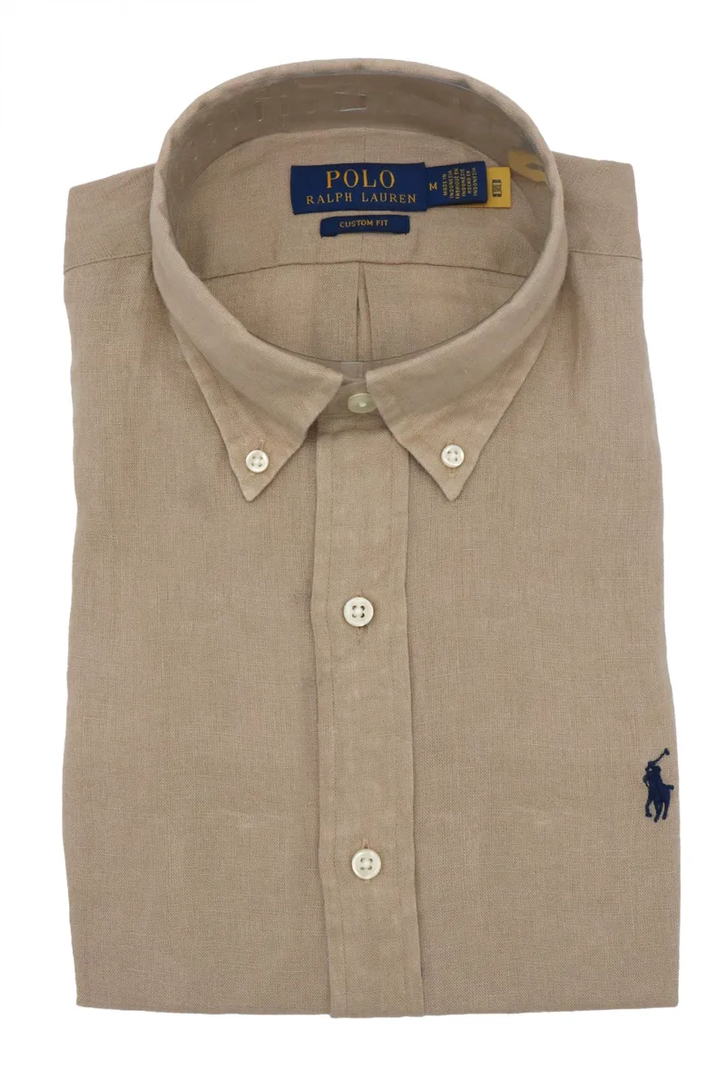 RALPH LAUREN ΠΟΥΚΑΜΙΣΟ ΛΙΝΟ BUTTON DOWN CUSTOM FIT ΜΠΕΖ