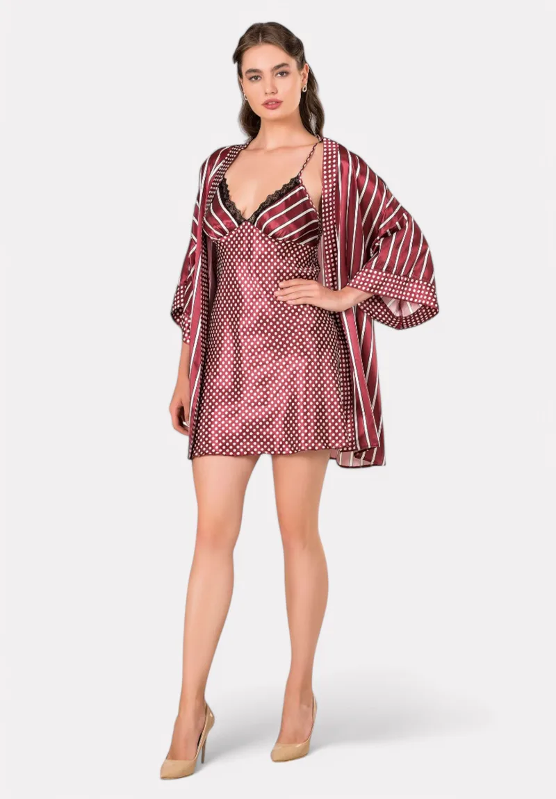 Σετ Babydoll - Ρόμπα Moongirl σατέν Dots & Stripes MG204-Μπορντώ