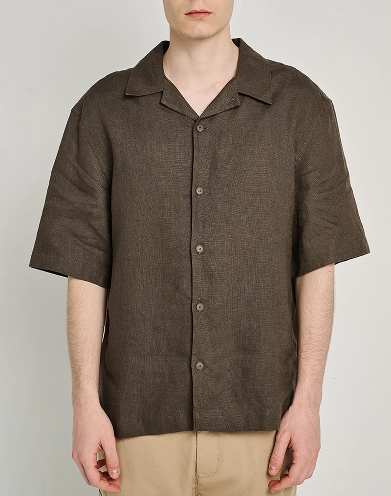 STAFF Ron Man Shirt Linen Short Sleeve 30%Linen 70%Co 61-202.055-Ν0049 Brown