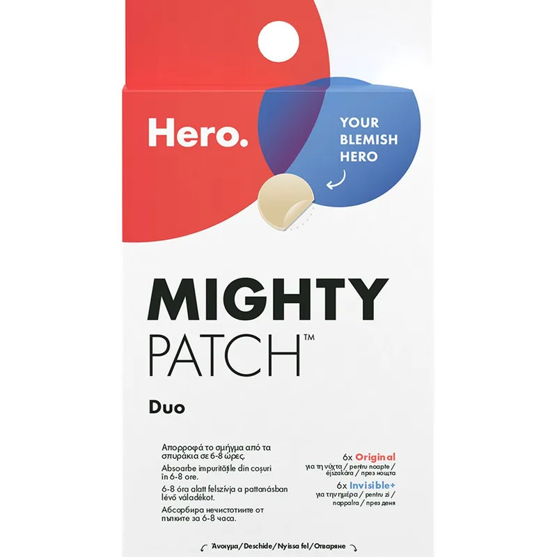Hero. Mighty Patch Duo Επιθέματα Νυκτός & Αόρατα Ημέρας Τοπικής Εφαρμογής για Απορρόφηση του Σμήγματος από τα Σπυράκια Μέσα σε 6 με 8 Ώρες The Original 6 Τεμάχια & Invisible+ 6 Τεμάχια