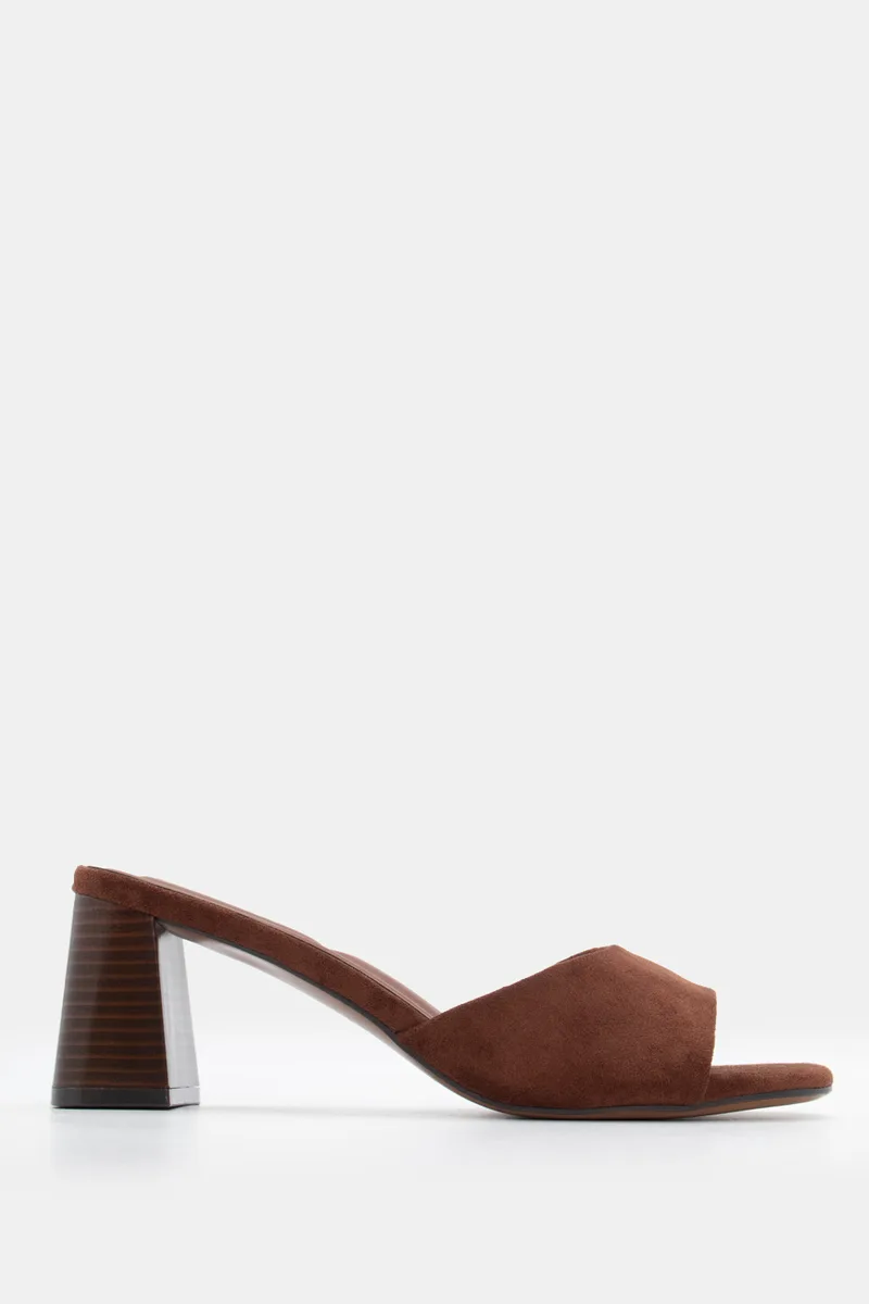 Mules με Φαρδιά Φάσα και Wood-Effect Σταθερό Τακούνι - Καφέ Σκούρο