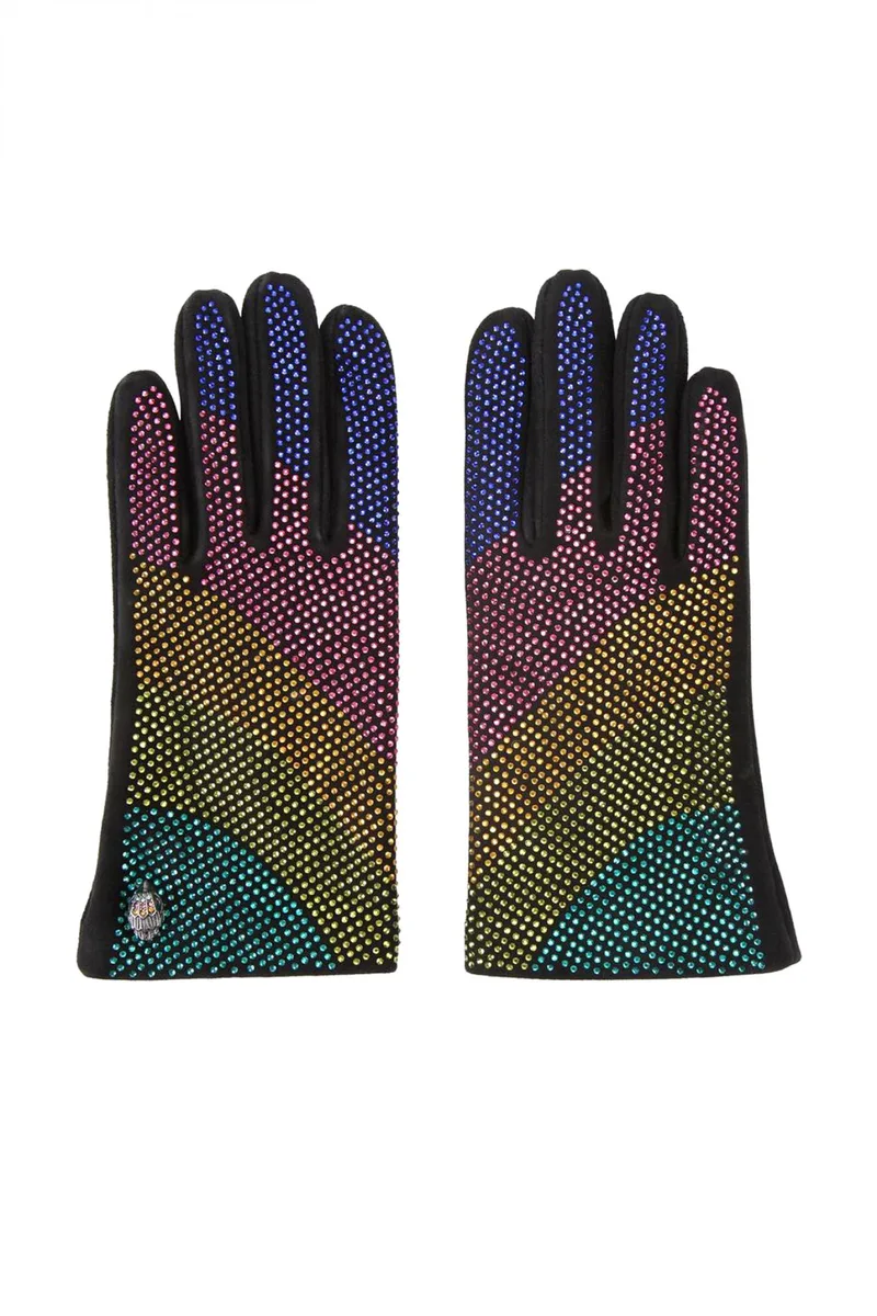 KURT GEIGER ΓΑΝΤΙΑ KENSINGTON CRYSTAL GLOVES ΠΟΛΗΧΡΩΜΑ ΣΤΡΑΣ LOGO ΜΑΥΡΟ