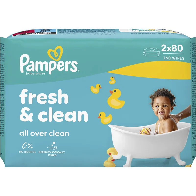 Pampers Fresh & Clean Wet Wipes Μωρομάντηλα για Απαλό Καθημερινό Καθαρισμό Κατάλληλα για Χρήση σε Χέρια & Πρόσωπο 160 Τεμάχια (2x80 Τεμάχια)