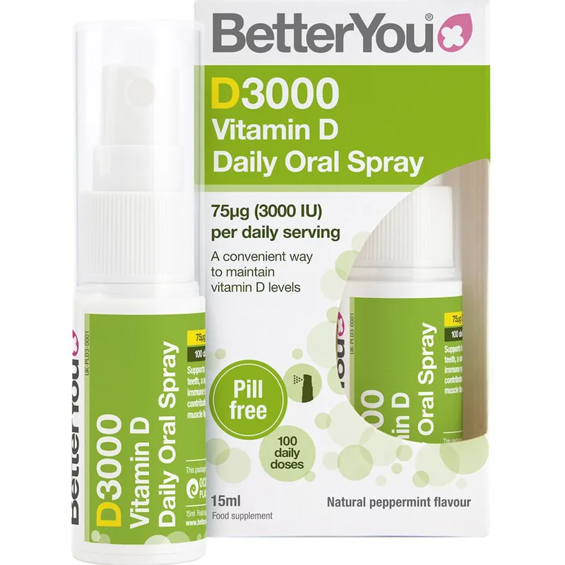 BetterYou D3000 Vitamin D Daily Oral Spray Συμπλήρωμα Διατροφής Βιταμίνης D3 σε Μορφή Spray για την Καλή Υγεία των Οστών, Δοντιών & Ανοσοποιητικού με Γεύση Μέντα 15ml