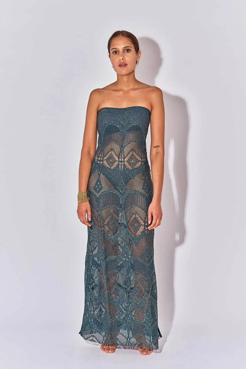 Beliza γυναικείο maxi φόρεμα πλεκτό δαντέλα "Louise Crochet" - LOUISECROCH/SS25 Πετρόλ
