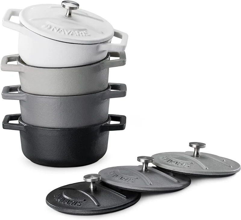 Navaris Cast Iron Round Cocottes - Σετ 4 Μίνι Αντικολλητικές Κατσαρόλες από Χυτοσίδηρο και Καπάκι από Ανοξείδωτο Ατσάλι για Φούρνο - 10,5cm - 290ml - Matte (49079.04.03)