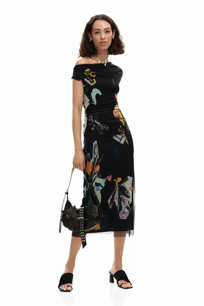 Desigual γυναικείο midi αμάνικο φόρεμα με off-shoulder σχέδιο και all-over print Regular Fit "Delaware" - 26SWVK29 Μαύρο