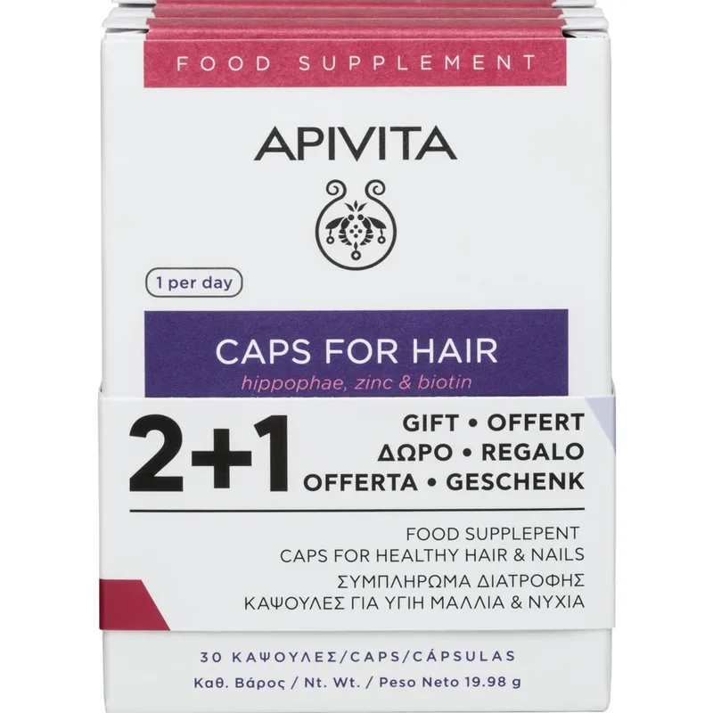 Apivita Promo Caps for Hair & Nails Συμπλήρωμα Διατροφής με Έλαιο Υπποφαούς, Βασιλικό Πολτό, Βιταμίνες, Μέταλλα & Αμινοξέα για Υγιή & Δυνατά Μαλλιά & Νύχια 90caps (3x30caps)