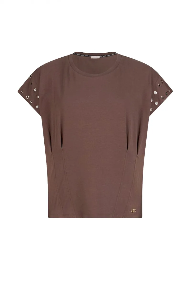 LIU-JO BETTER T-SHIRT ΛΑΙΜΟΚΟΨΗ ΠΙΕΤΑ ΤΡΟΥΚΣ ΜΑΝΙΚΙΑ LOGO ΜΕΤΑΛΛΙΚΟ ΚΑΦΕ