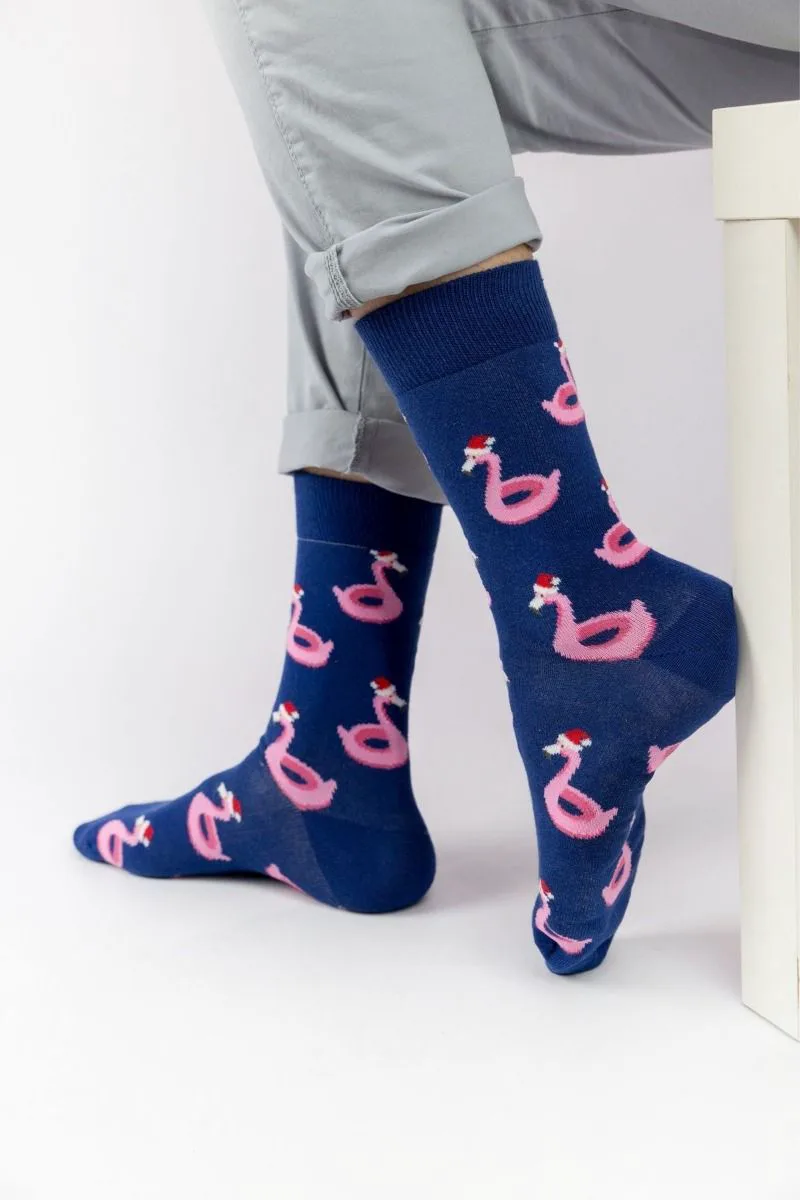 Ανδρικές - Εφηβικές fashion κάλτσες SANTA FLAMINGO Βαμβακερές Crazy Socks 16019 Μπλέ