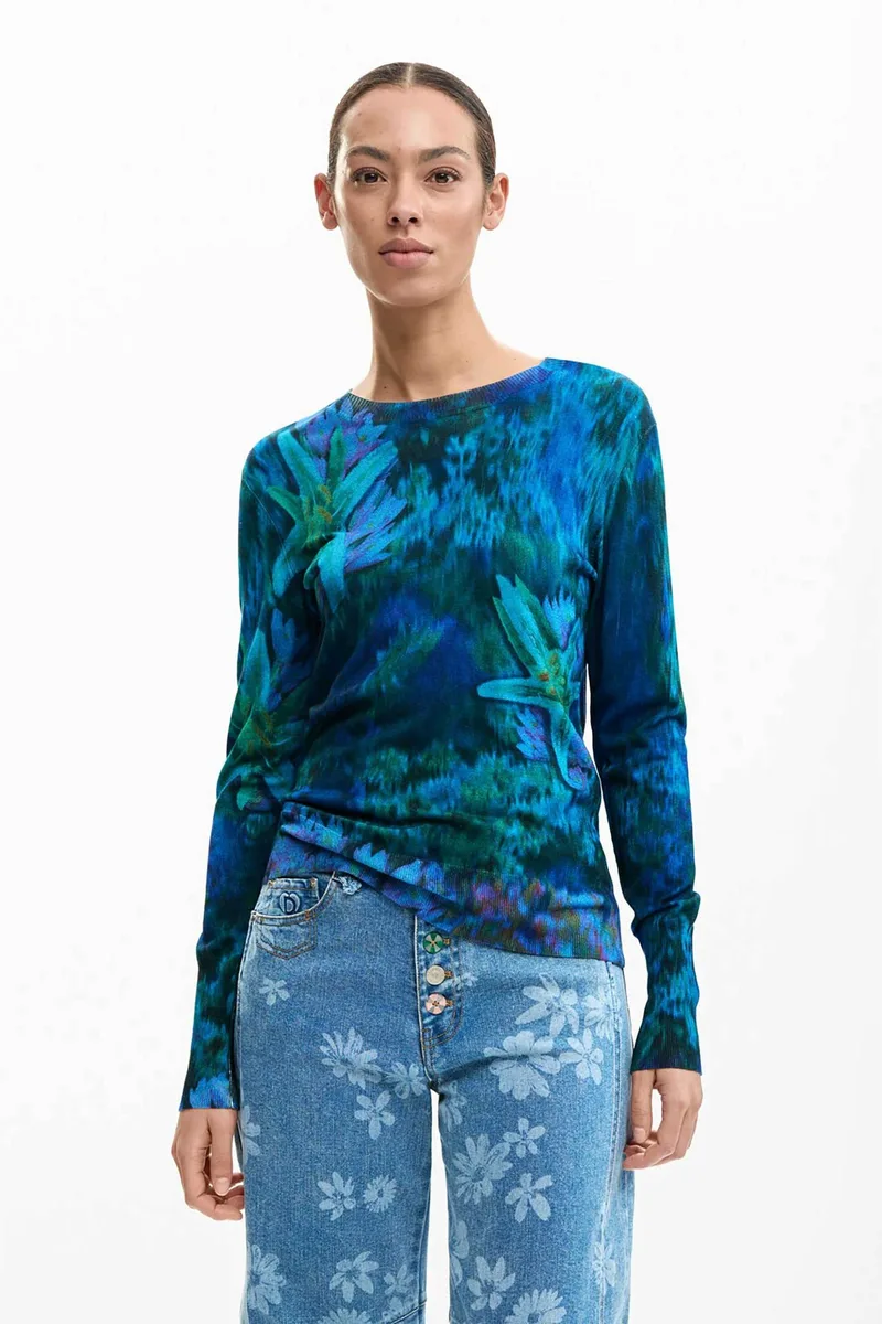 Desigual γυναικείo λεπτό πουλόβερ με floral print Regular Fit "Suecia" - 26SWJF36 Κυπαρισσί