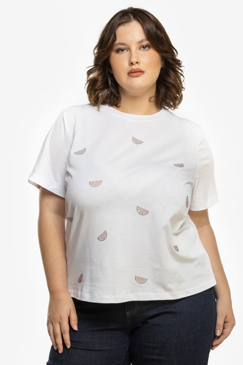 T-shirt με στρας καρπουζάκια σε λευκό χρώμα