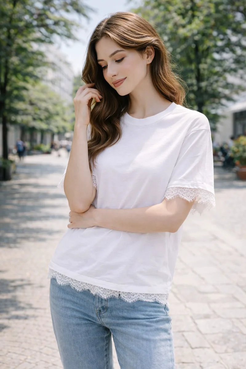 Μπλούζα Γυναικεία Με Δαντέλα Στα Μανίκια – Basic Chic Top Σε Άσπρο | Dress Up Άσπρο