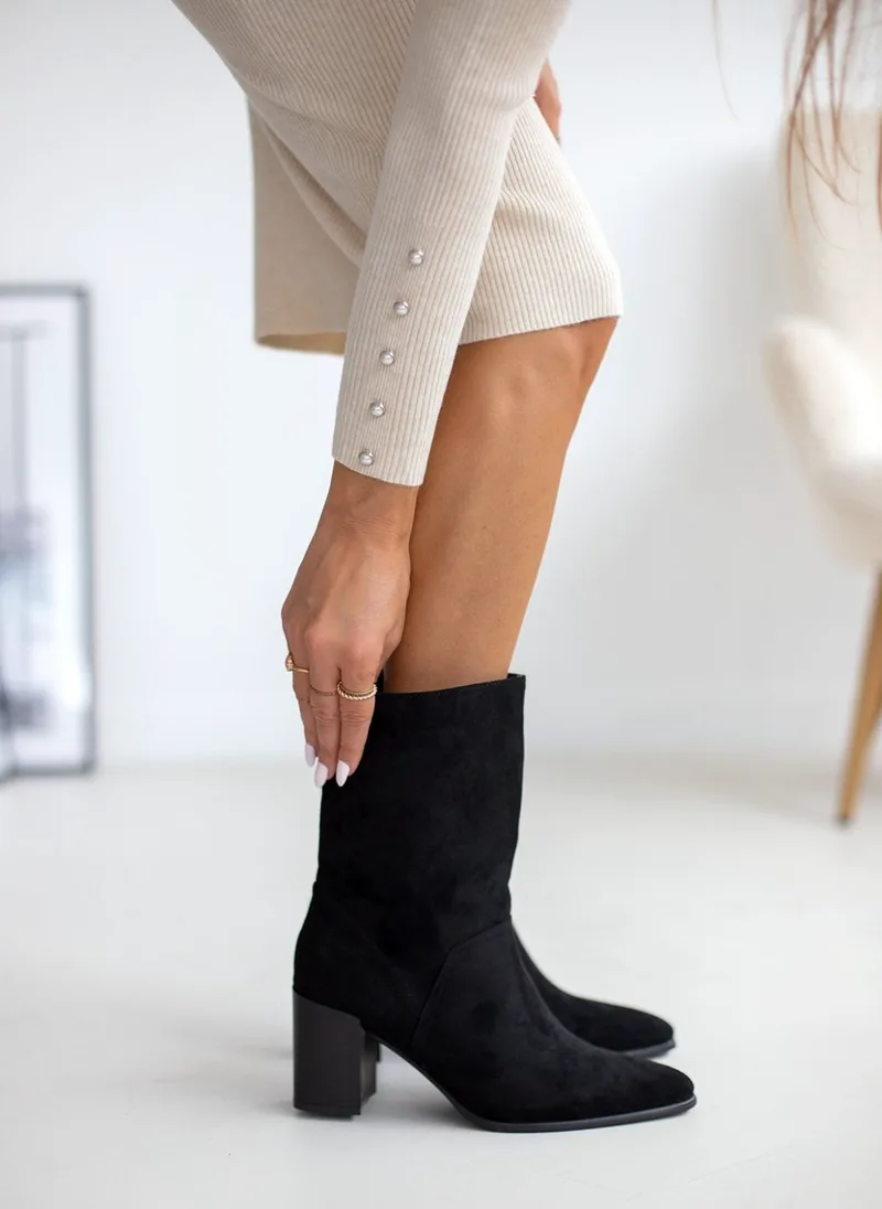 Suede Heeled Ankle Boots - 9725 - Black