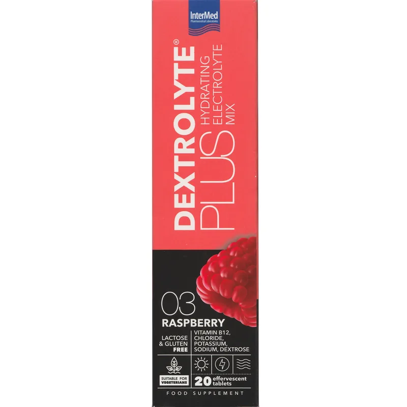 Intermed Dextrolyte Plus Hydrating Electrolyte Mix Συμπλήρωμα Διατροφής Ηλεκτρολυτών με Δεξτρόζη & Φυλλικό Οξύ για Ενυδάτωση Κατά της Κόπωσης & Πνευματική Διαύγεια με Γεύση Βατόμουρο 20 Effer.tabs - 03 Raspberry