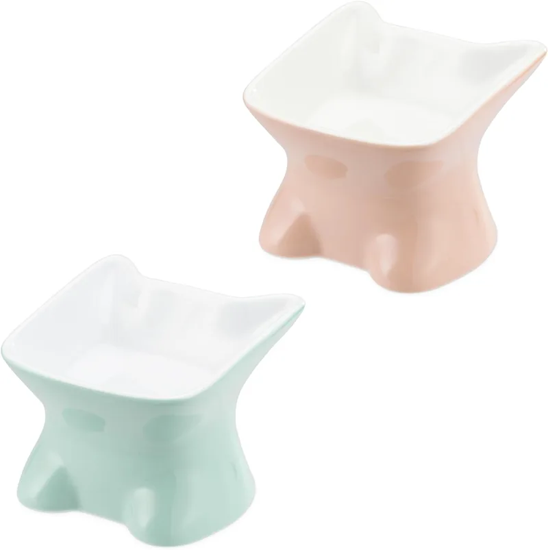 Navaris Kitty Cat Feeding Bowls - Σετ με 2 Ανυψωμένα Κεραμικά Μπολ Φαγητού και Νερού για Κατοικίδια - 120ml - 11.6 x 10 x 11.6 cm - Green / Peach (61289.06)