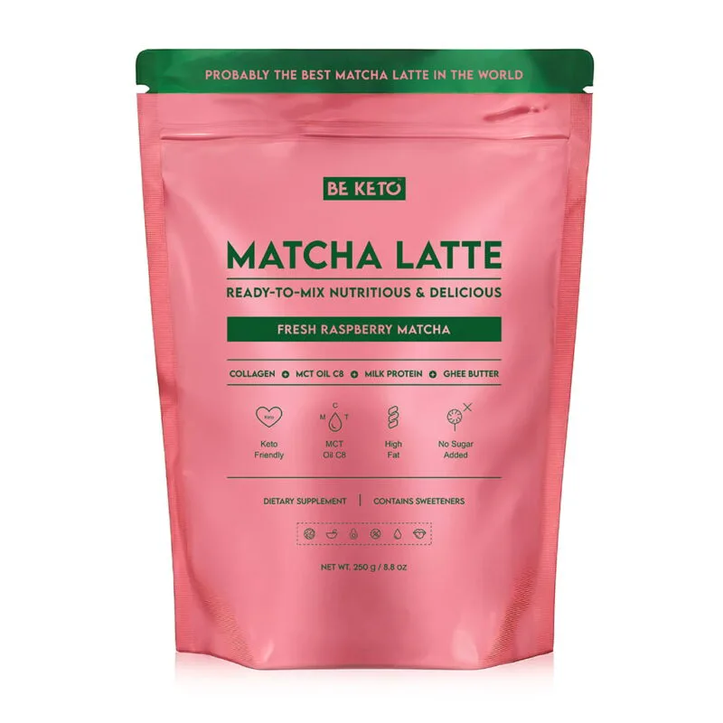 BeKeto Matcha Latte με MCT C8, Κολλαγόνο & Ghee – Γεύση Φρέσκο Σμέουρο (250g)