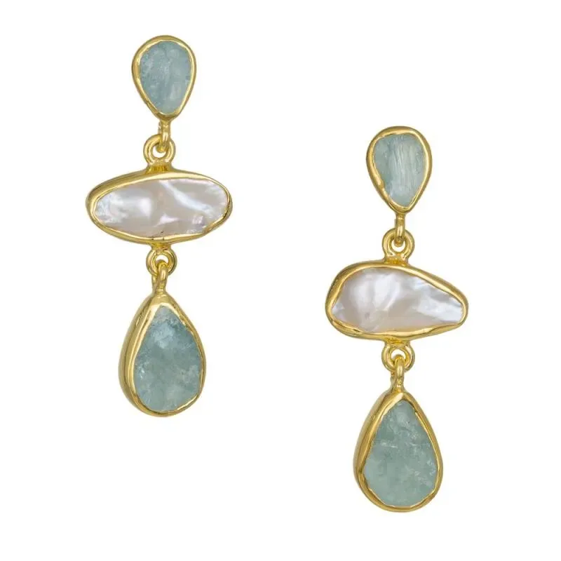 Γυναικεία επίχρυσα σκουλαρίκια Aqua Marine and Pearl 042025 042025 Ασήμι