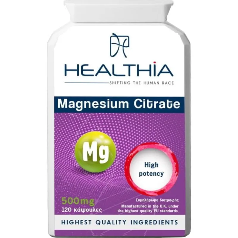 Healthia Magnesium Citrate 500mg High Potency Συμπλήρωμα Διατροφής με Μαγνήσιο Κιτρικής Μορφής Υψηλής Απορροφησιμότητας για την Καλή Λειτουργία του Νευρικού & Μυοσκελετικού Συστήματος 120caps