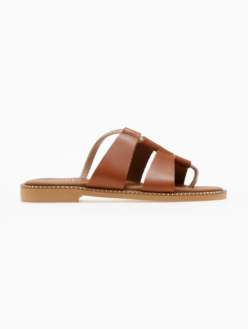 Estil Leather Studded Flat Sandals - 24 - Tan
