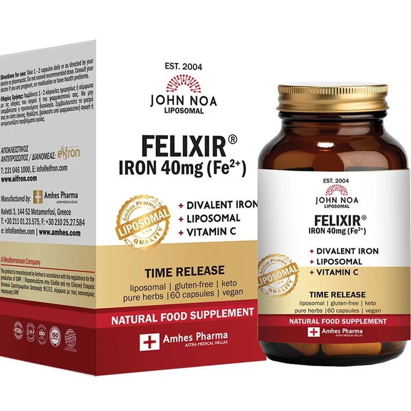 John Noa Liposomal Felixir Iron 40mg Συμπλήρωμα Διατροφής Σιδήρου & Βιταμίνης C Λιποσωμικής Μορφής για Αντιμετώπιση της Αναιμίας Κατά της Κούρασης & Κόπωσης 60caps