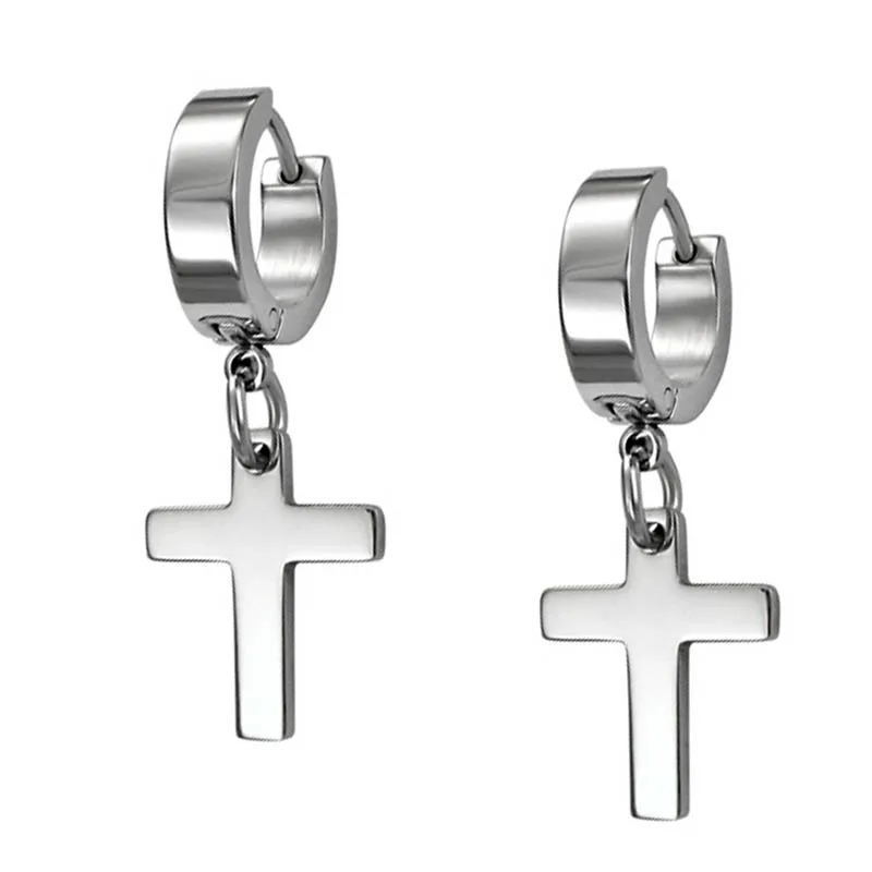 Jt Unisex ατσάλινα σκουλαρίκια κρίκοι μικροί με σταυρό Ασημί