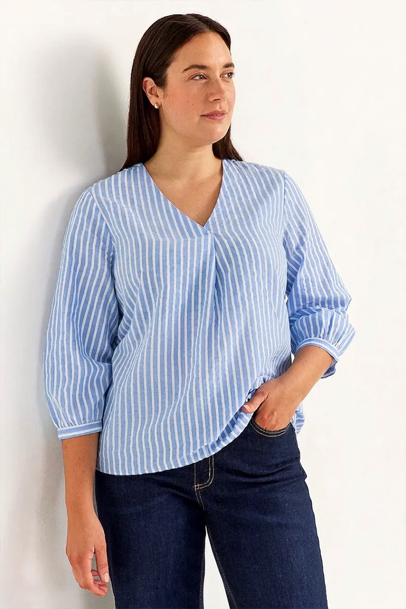 Μπλούζα με πιέτα σε ριγέ σιελ/λευκό χρώμα plus size
