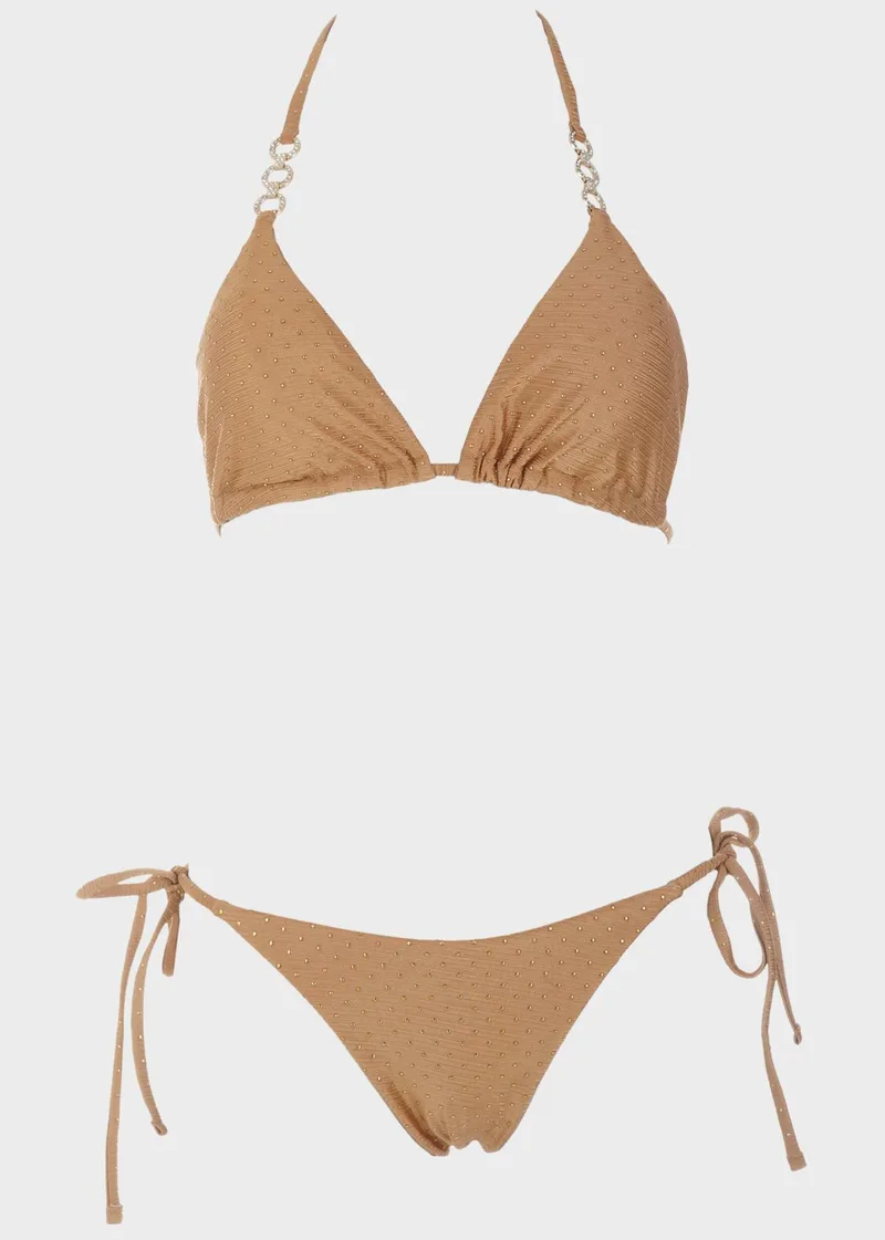 Γυναικείο σετ μαγιό bikini τριγωνάκι αποσπώμενη επένδυση διακοσμητικά τρούκς slip παρτό. Καλύπτει B CUP. ΜΠΡΟΝΖΕ