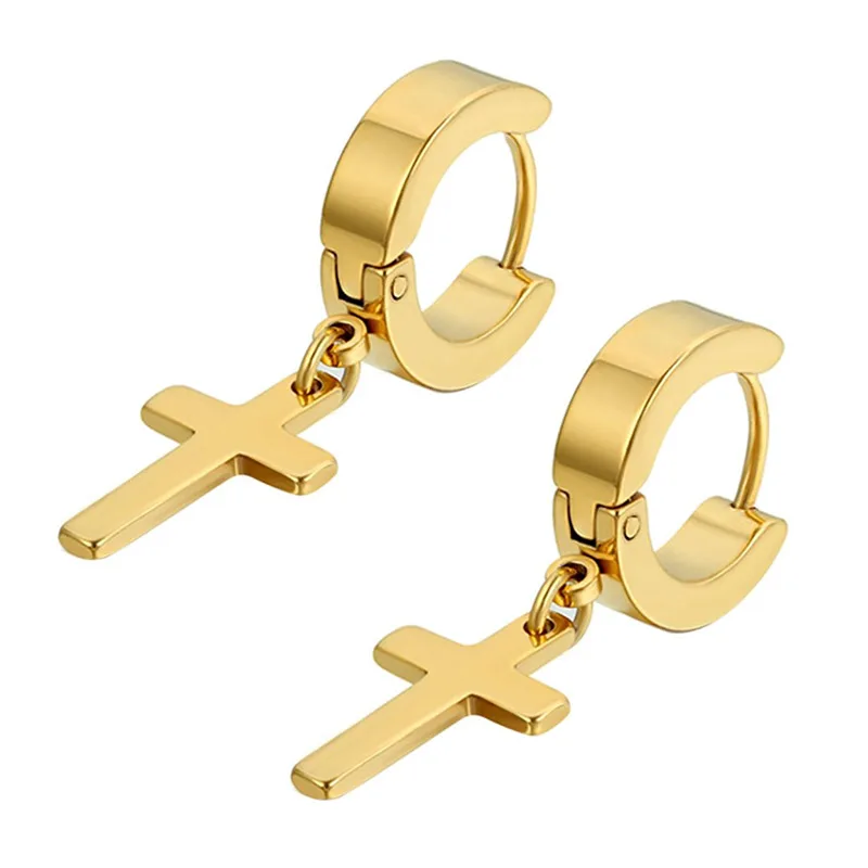 Jt Unisex ατσάλινα σκουλαρίκια κρίκοι μικροί με σταυρό Χρυσό