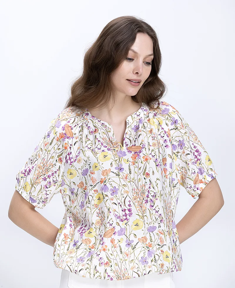 Γυναικεία Μπλούζα Floral Relaxed Fit Με Σούρα Στον Λαιμό