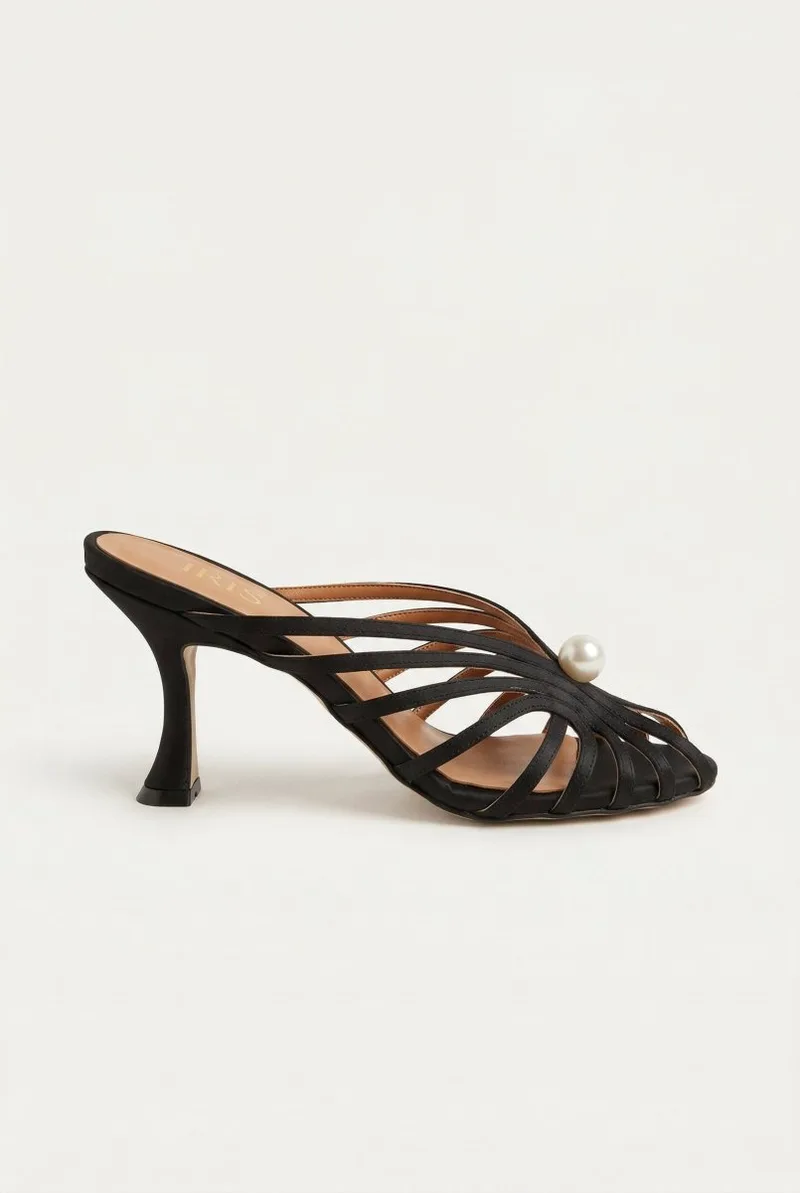 IRIS Pearl Strap Mules Slim Heel - ZARIN - Black Satin