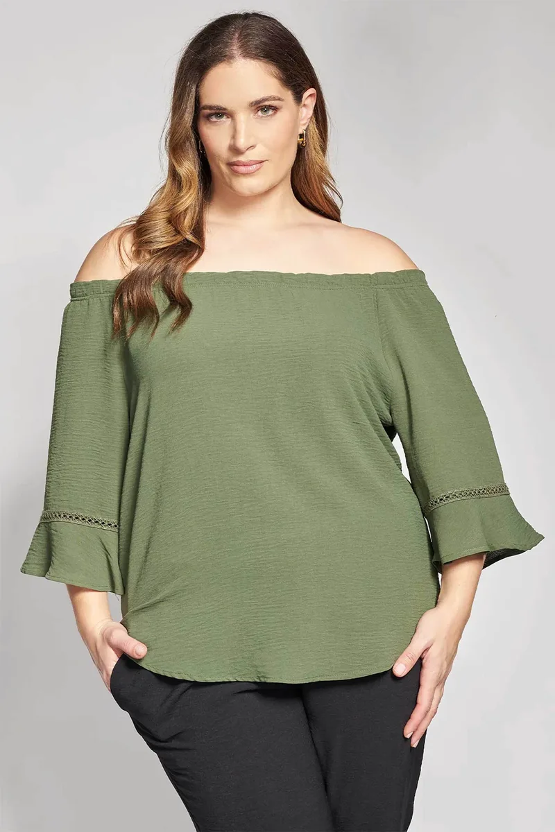 Guess γυναικεία μπλούζα off-shoulder με λεπτομέρειες δαντέλας - 012610100271 Χακί