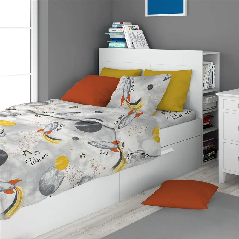 Σετ Σεντόνια 3τμχ Βαμβακερά Μονά 160x240εκ. Spaceship 187 Grey Dimcol (Ύφασμα: Βαμβάκι 100%, Τύπος κατωσέντονου: Χωρίς Λάστιχο, Χρώμα: Γκρι) - DimCol - 32112223029