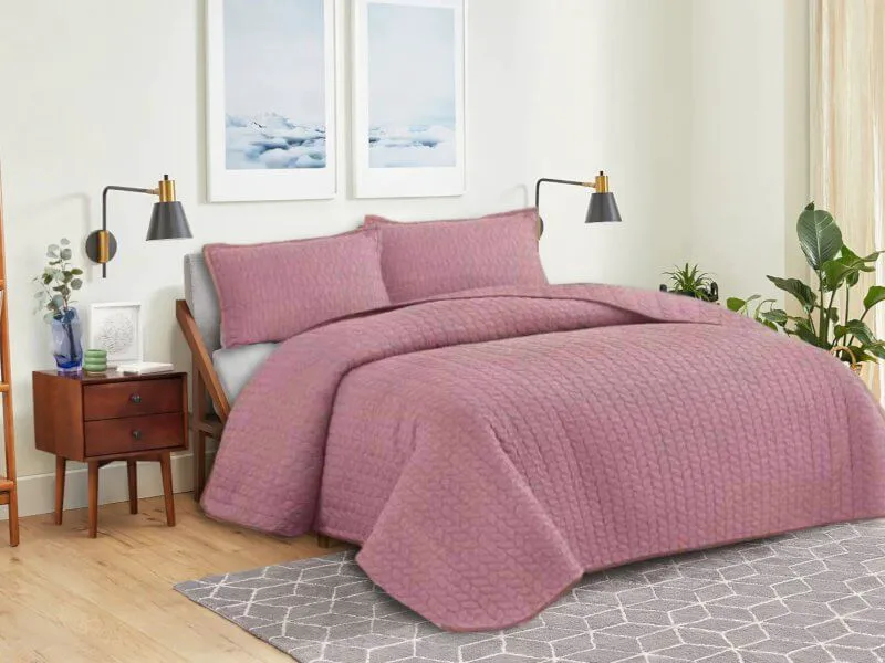 Κουβερλί Σετ Μονόχρωμο Leaves Διπλής Όψεως Microfiber Γαρύφαλλο - Σάπιο Μήλο, 220x240