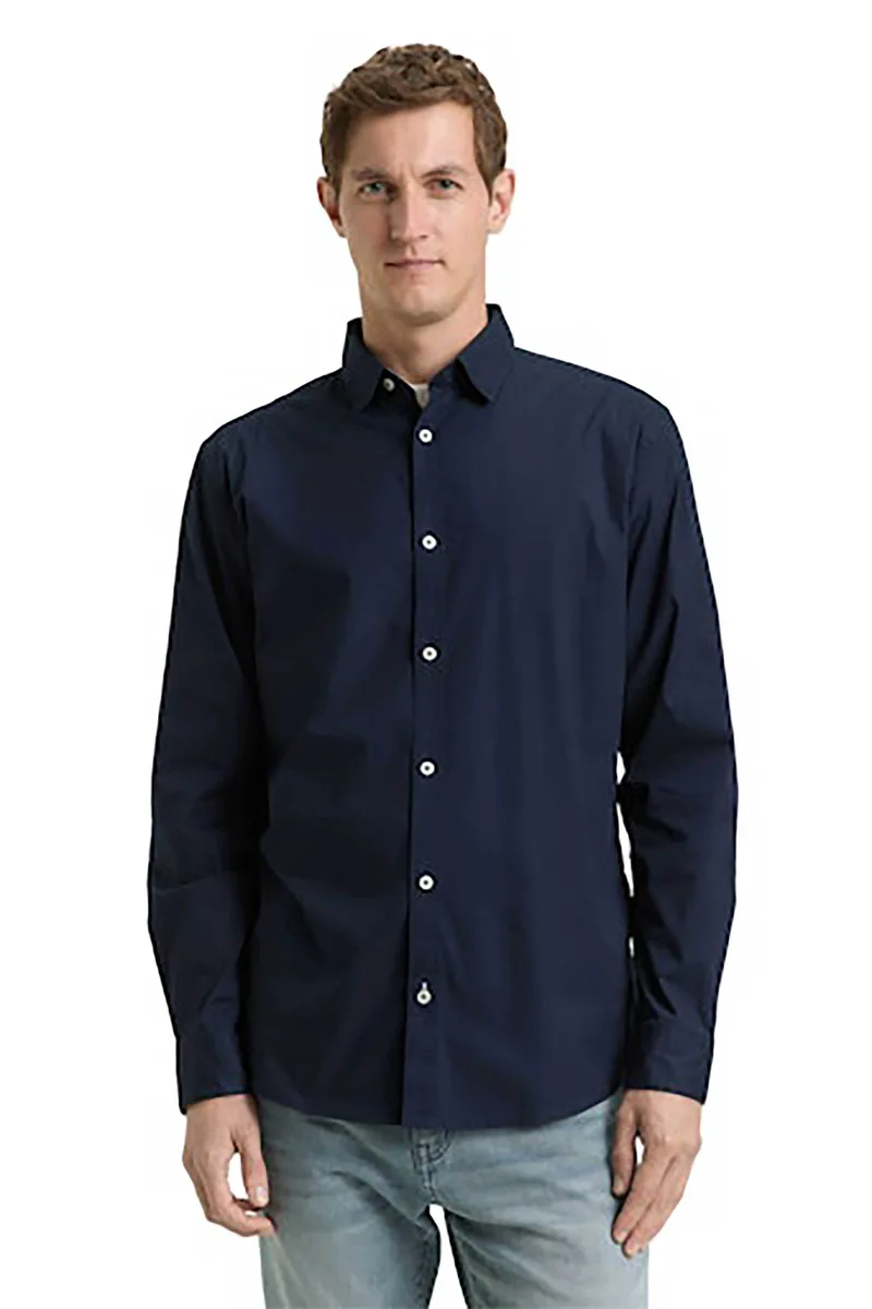Tom Tailor ανδρικό πουκάμισο poplin μονόχρωμο Regular Fit - 1048449 Μπλε Σκούρο